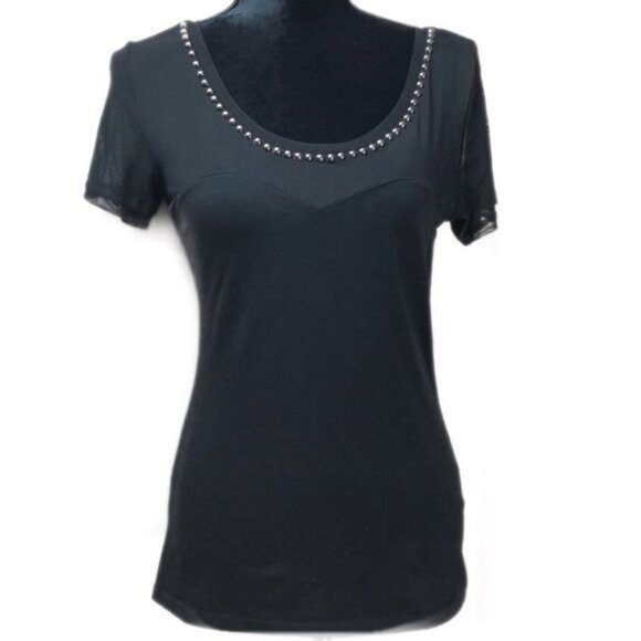 H&M Shirt Womens Small Black Semi-Sheer Top Brass Studded Scoop Neck Tee - Picture 5 of 15